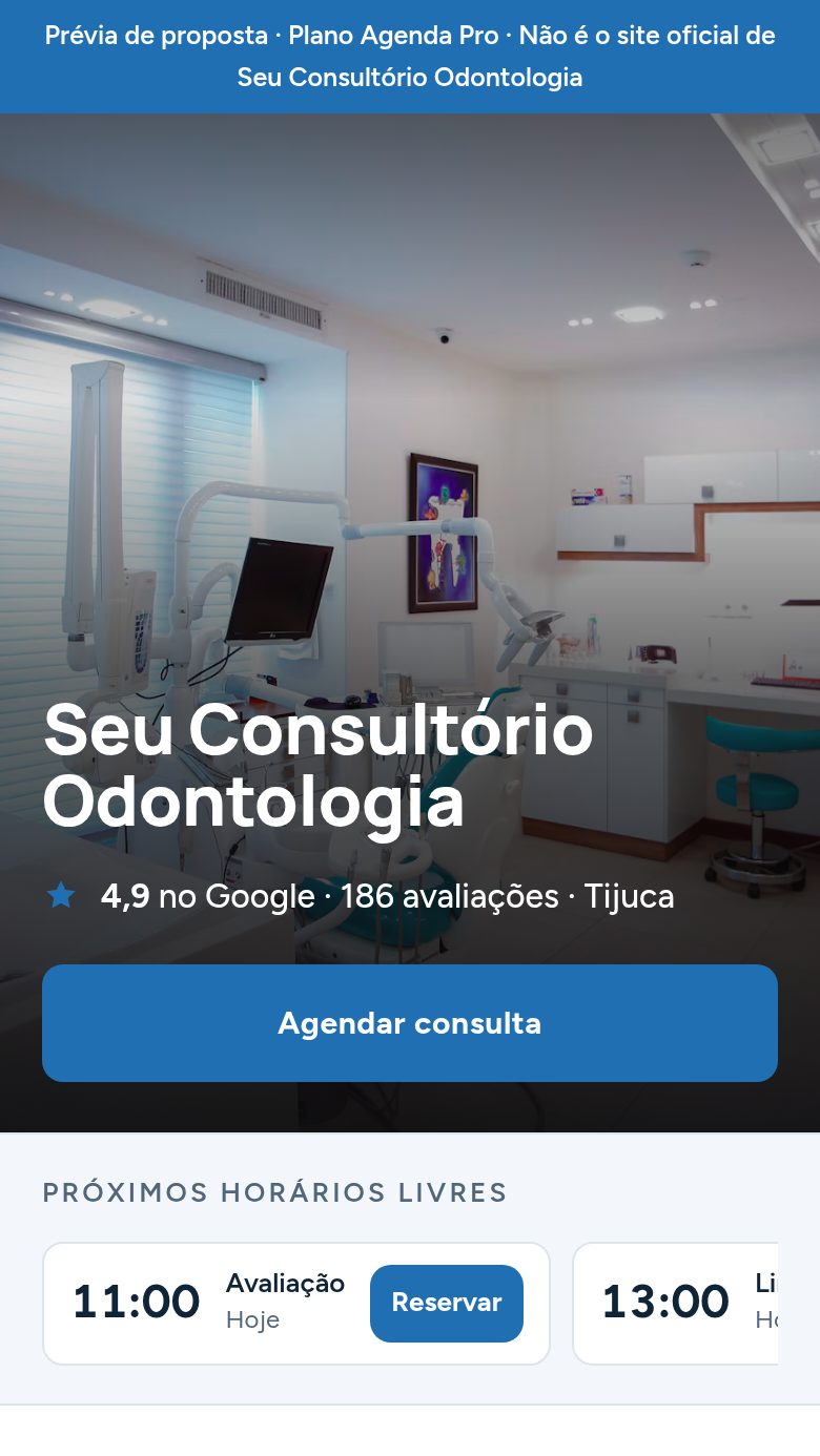 Site de exemplo de um consultório aberto no celular